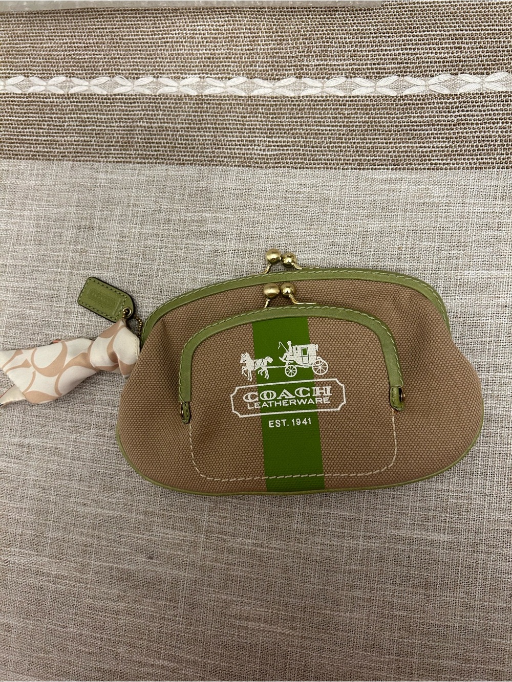 Coach Tan Canvas Coin Pouch with Green Stripe and Trim